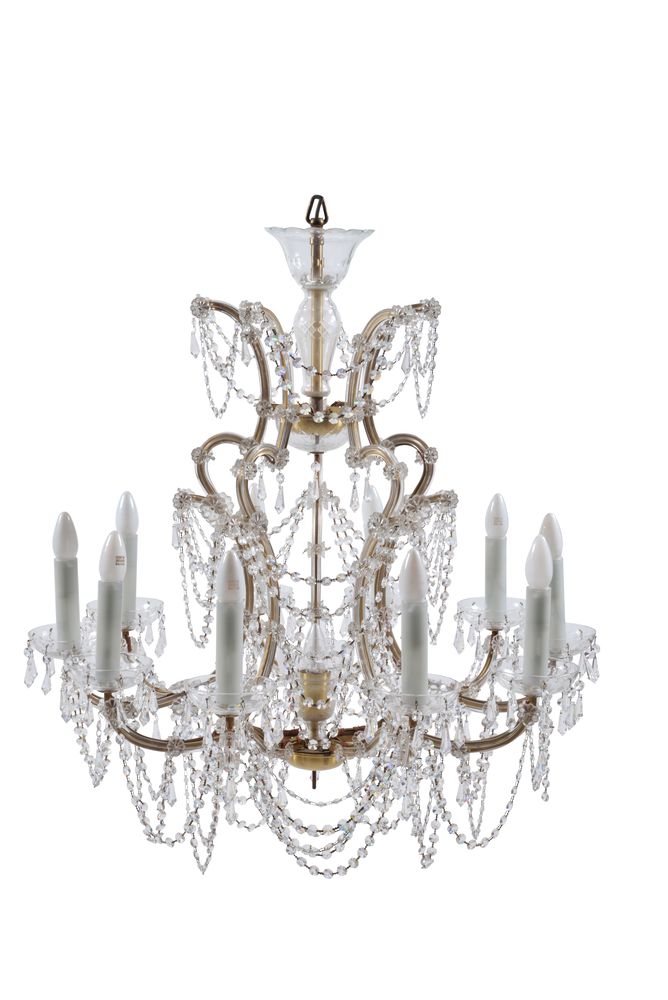 A pair of Continental gilt metal and moulded glass ten light chandeliers, 20th century, the - Image 2 of 2