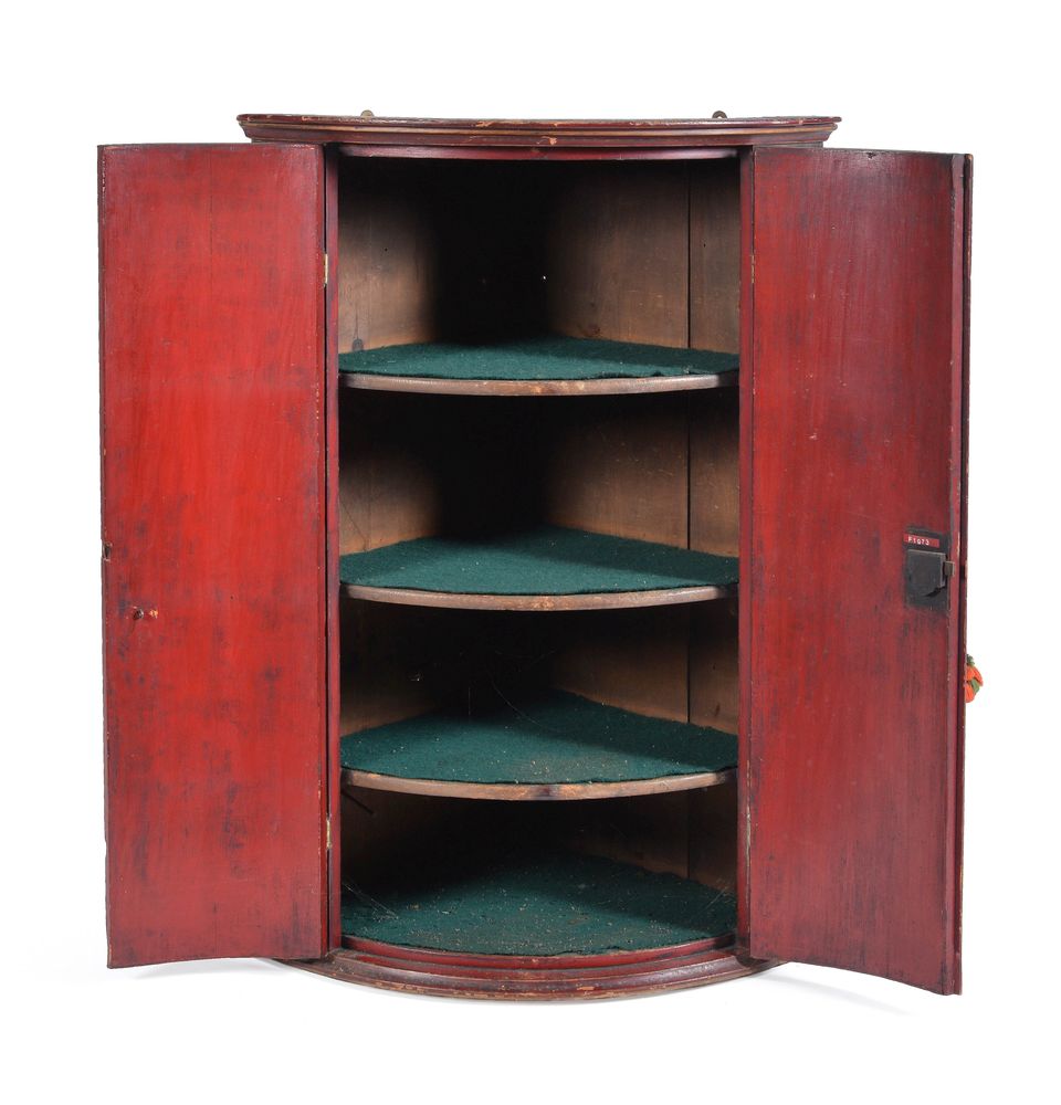 A red and gilt japanned bow-fronted hanging corner cabinet, 18th century, with later decoration, the - Image 3 of 3