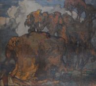 Frank Brangwyn (British 1867-1956), Sunlit landscape with hayrick