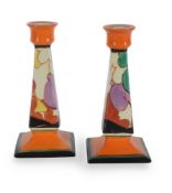 Balloon Trees, a pair of Clarice Cliff Bizarre Fantasque candlesticks