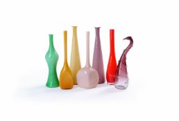 A collection of six Murano coloured glass vases