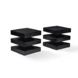 Global Views, a pair of three tier square black lacquered bedside tables