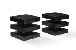 Global Views, a pair of three tier square black lacquered bedside tables