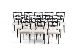 A set of eight Italian black lacquered dining chairs