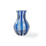 A modern St. Louis clear and blue overlay striped glass bud-shaped vase