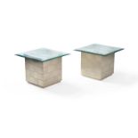 A pair of modern silvered cube occasional tables with white marble tops