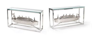 A pair of chromed metal ocean liner console tables