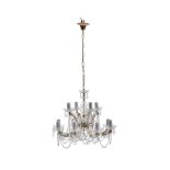 A pair of Continental moulded and cut glass and metal framed twelve light chandeliers