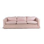 A pink square checked upholstered three seater sofa