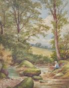 E. Lancaster (British 19th century)Boy fishing on the banks of a river