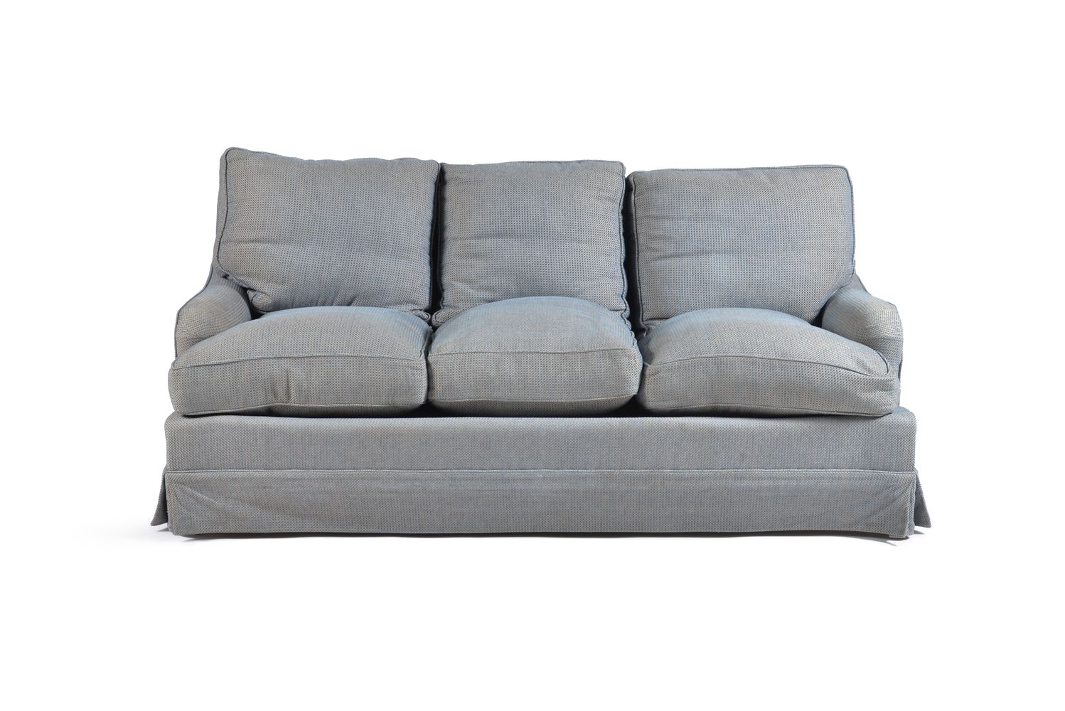 A blue chenille type upholstered three seat sofa