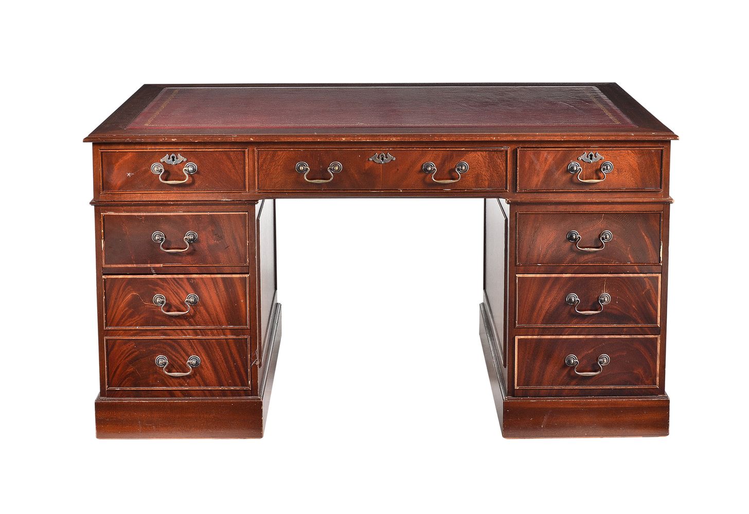 A modern reproduction mahogany twin pedestal desk