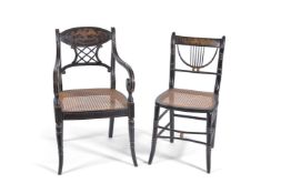 A Regency ebonised, painted, and parcel gilt armchair