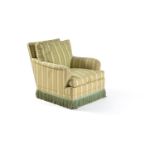 A green stripped upholstered arm chair