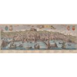 A pair of modern reproduction hand-coloured prints depicting Amsterdam and Naples