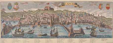 A pair of modern reproduction hand-coloured prints depicting Amsterdam and Naples