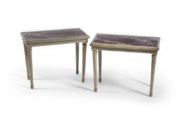 A pair of Louis XVI style grey painted low marble topped tables