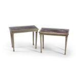 A pair of Louis XVI style grey painted low marble topped tables