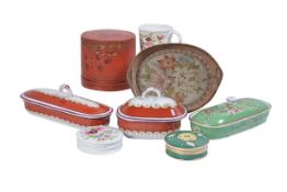 Assorted ceramics including; two oblong box and covers from a Victorian red ground toilet service