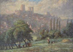 Attributed to Arthur Douglas Peppercorn (American 1847-1926)Durham Cathedral with workers in the for