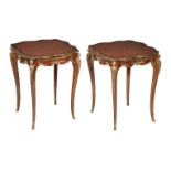 A pair of mahogany, parquetry inlaid, and gilt metal mounted side tables