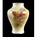 A Royal Worcester inverted baluster vase signed and painted by H. Stinton with Highland cattle