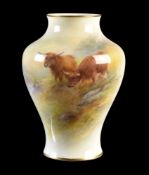 A Royal Worcester inverted baluster vase signed and painted by H. Stinton with Highland cattle