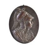 A Continental, probably French or Italian, bronze relief portrait plaque of Minerva, late 16th/early