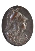 A Continental, probably French or Italian, bronze relief portrait plaque of Minerva, late 16th/early