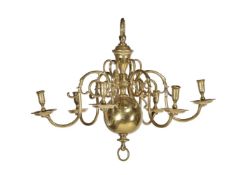 A Dutch or English cast and turned brass six light chandelier