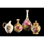 Four items of Royal Worcester porcelain painted with Hadley type roses