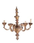 An Italian carved, polychrome painted and giltwood and wrought iron six light pricket chandelier, pr
