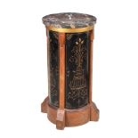 An Aesthetic Movement walnut, ebonised, and marble topped circular pedestal