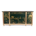 A pair of green lacquered and gilt Chinoiserie decorated side cabinets