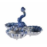A Bow porcelain blue and white trefoil shell table salt with dolphin finial