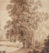 Follower of Jacob Phillip Hackert (German 1737-1807), Classical figures seated below a tree in a lan