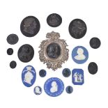 A group of eighteen various Wedgwood and Wedgwood & Bentley black basalt and blue Jasper medallions