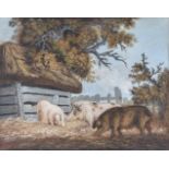 A Regency sand picture of pigs beside a sty possibly by Benjamin Zobel (German-British