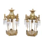 A near pair of substantial gilt metal and glass hung five light electroliers in the style of lantern