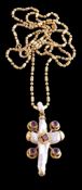 A freshwater cultured pearl, amethyst and garnet cross pendant on chain