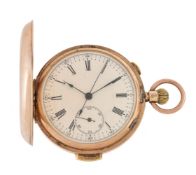 Unsigned, 9 carat gold keyless wind full hunter minute repeating pocket watch with chronograph