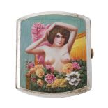 [Erotic interest] A Continental nickel silver and enamel rounded rectangular cigarette case