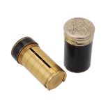 A Victorian silver gilt mounted brass and leather covered cylindrical sovereign holder by Jane Brown