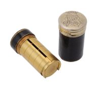 A Victorian silver gilt mounted brass and leather covered cylindrical sovereign holder by Jane Brown
