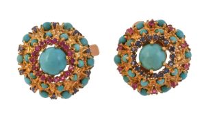 A pair of sapphire, ruby and turquoise earrings