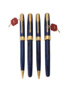 Parker, Sonnet A, a blue laque marbled fountain pen, roller ball pen, ball point pen and propelling