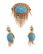 A Victorian gold, turquoise and diamond brooch and earring suite