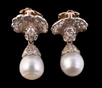 A pair of cultured pearl and diamond earrings