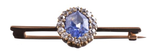 A sapphire and diamond cluster bar brooch