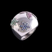 A ruby, sapphire and emerald flower head dress ring